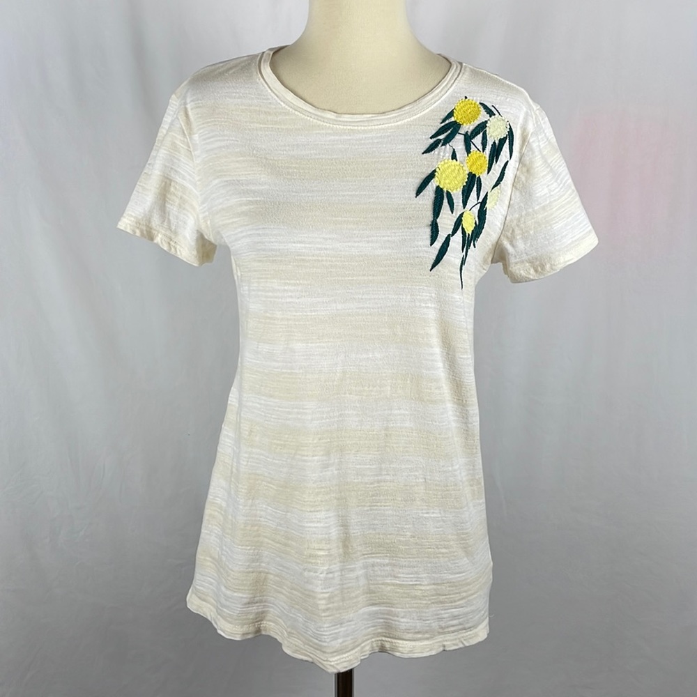 Lucky Brand Pale Yellow and White Striped Embroidered Boho Tee - Size XS